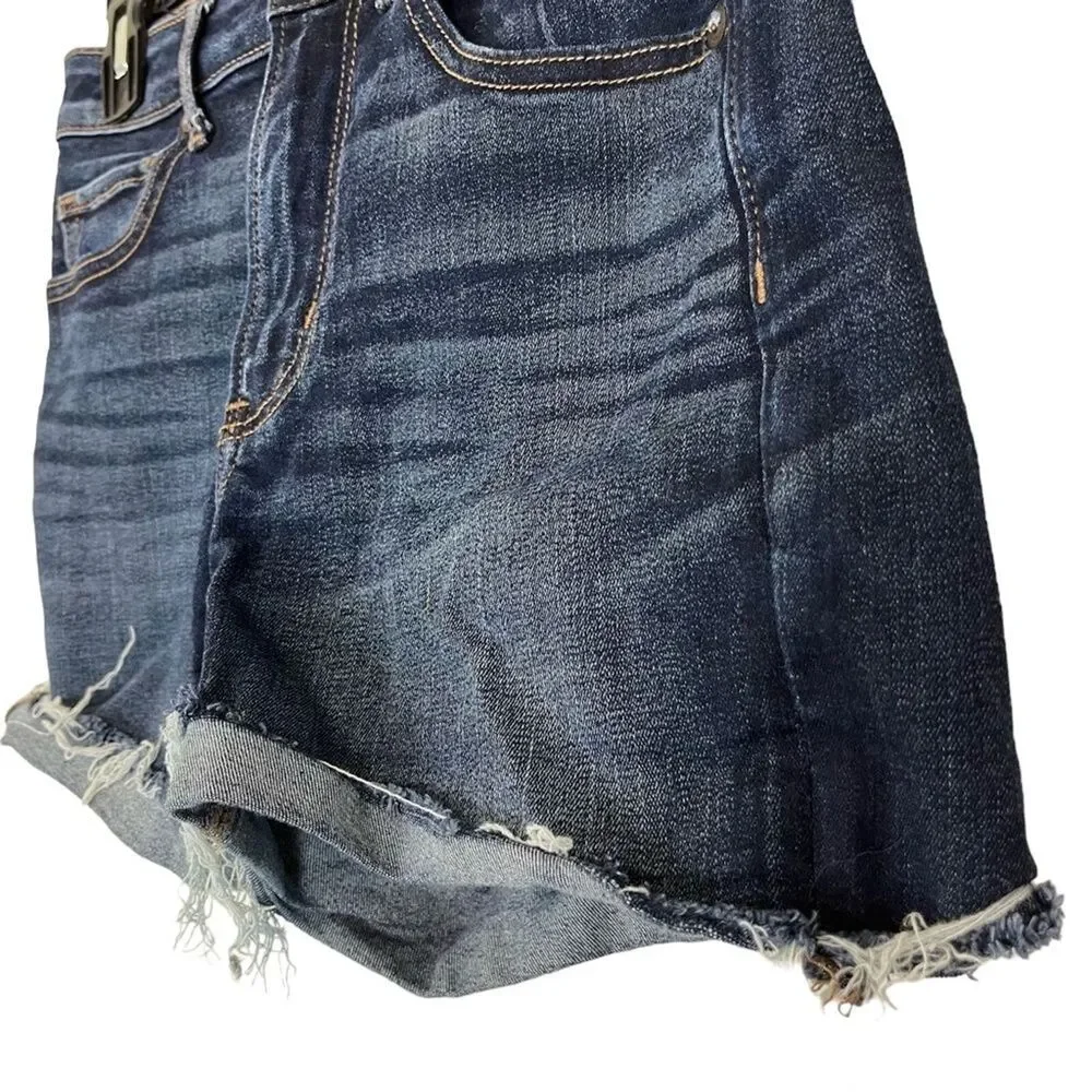 AMERICAN EAGLE SUPER HI RISE SHORTIE Raw Hem Cut Offs Dark Distressed Shorts 4